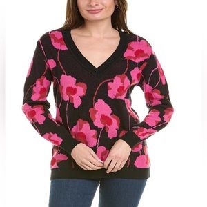 CAbi Rococo V-Neck Pullover Sweater Black Pink Red XS EUC